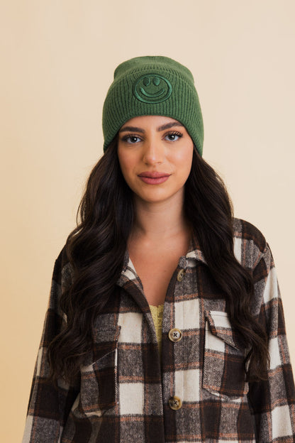 Embroidered Smiley Face Ribbed Knit Beanie-Soul Flow Apparel