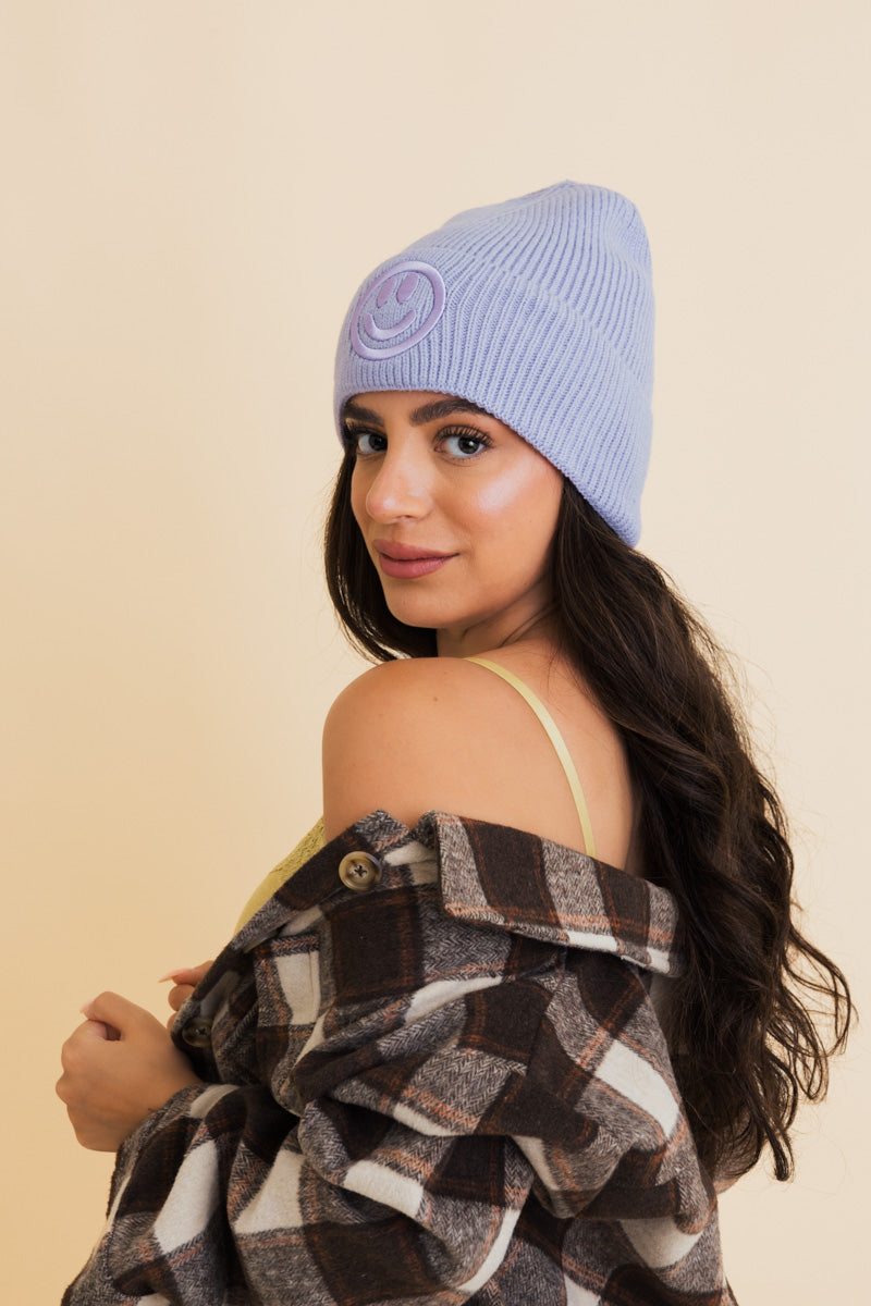 Soul Flow Apparel | Boho Embroidered Smiley Face Ribbed Knit Beanie