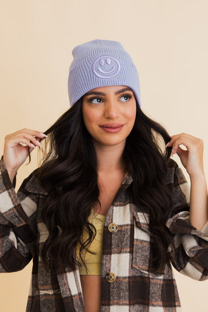 Embroidered Smiley Face Ribbed Knit Beanie-Soul Flow Apparel