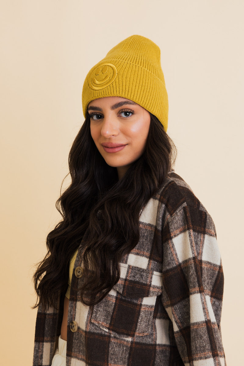 Soul Flow Apparel | Boho Embroidered Smiley Face Ribbed Knit Beanie