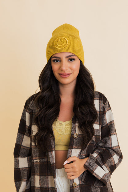 Embroidered Smiley Face Ribbed Knit Beanie-Soul Flow Apparel