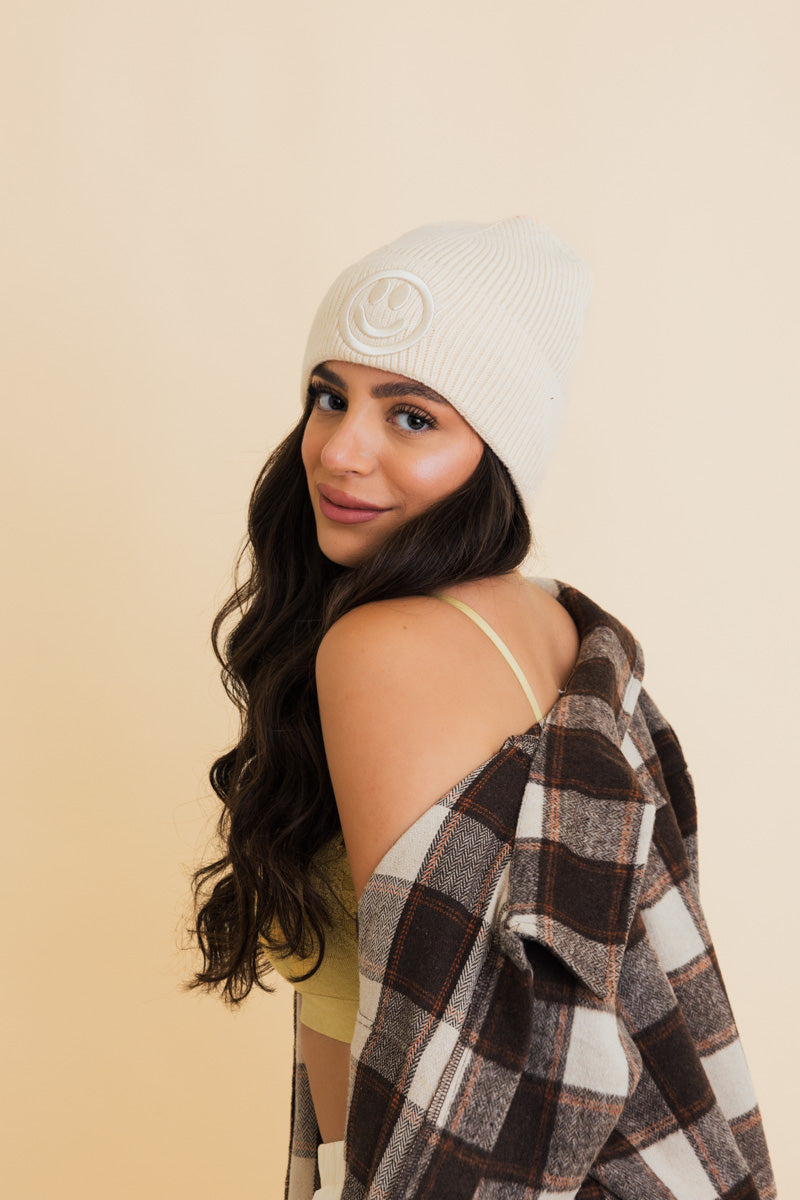 Soul Flow Apparel | Boho Embroidered Smiley Face Ribbed Knit Beanie