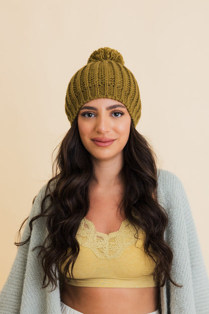 Leto Collection chunky cable knit pom beanie in olive green for stylish winter wear