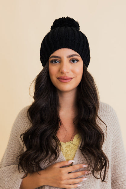 Leto Collection Chunky Cable Knit Pom Beanie in Black for Stylish Winter Warmth
