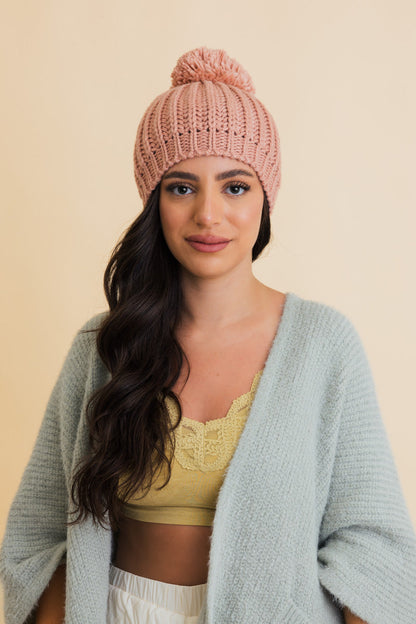 Leto Collection Chunky Cable Knit Pom Beanie in Soft Pink Color for Winter Fashion