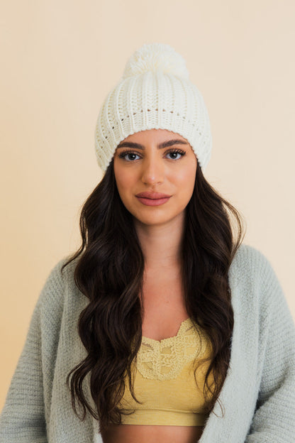 Leto Collection Chunky Cable Knit Pom Beanie in Cream with Soft Texture for Cozy Warmth