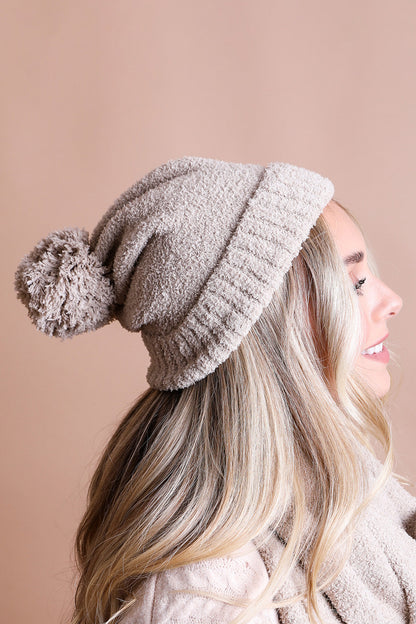 Leto Collection Boho Boucle Pom Beanie in Beige with a Cozy Design and Pom Detail