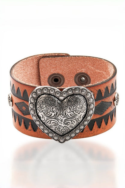 Western Romance: Embossed Heart Leather Cuff-Band Bracelet Leto Collection
