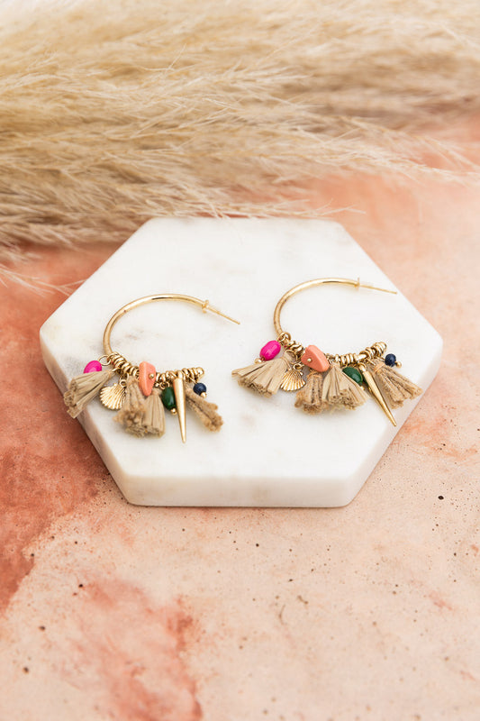 Coastal Chic Raffia and Bead Semi Hoop Earrings-Soul Flow Apparel