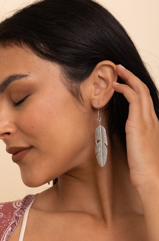 Antique Silver Feather Dangle Earrings-Soul Flow Apparel