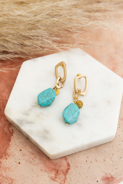 Turquoise Stone Drop Chain Earrings-Soul Flow Apparel