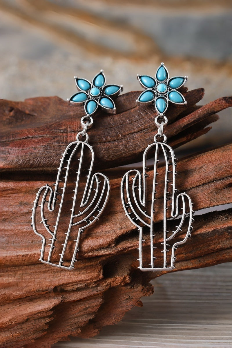 Boho Western Earrings – Turquoise Flower & Openwork Cactus ????????-Soul Flow Apparel