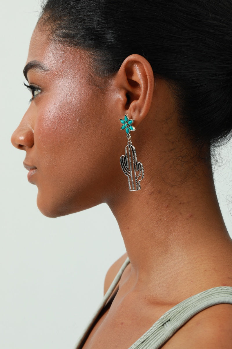 Boho Western Earrings – 💎Turquoise Flower & Openwork Cactus🌵