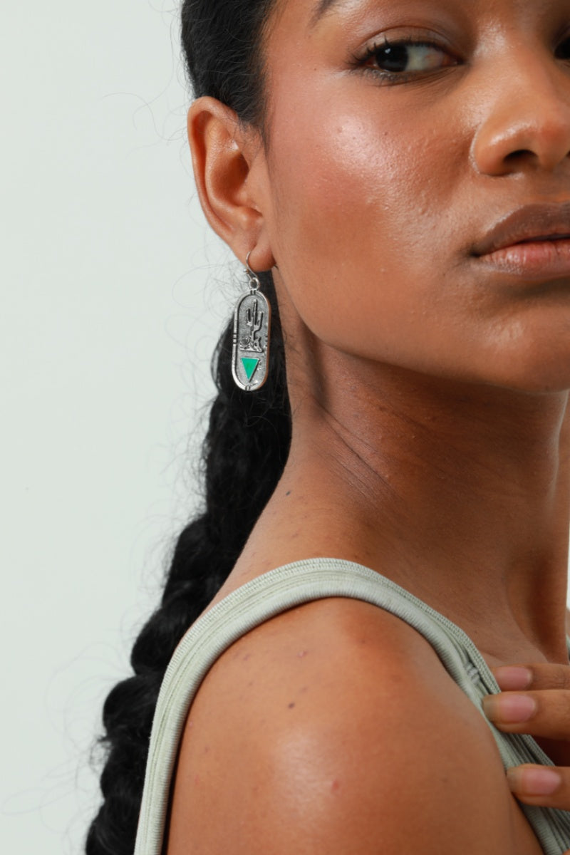 Carved Cactus Earrings – Turquoise Triangle Inlay 🌵 Leto Collection