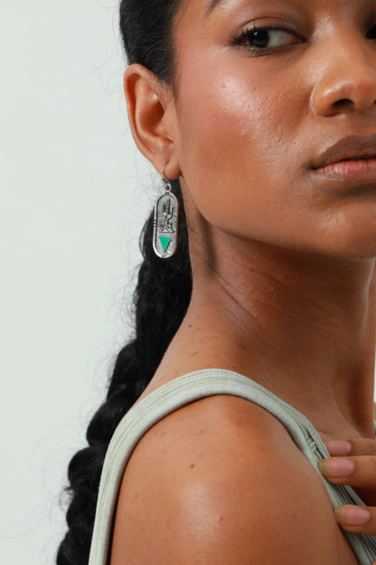 Carved Cactus Earrings – Turquoise Triangle Inlay 🌵 Leto Collection