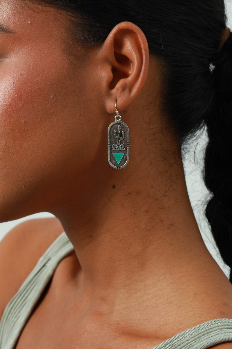 Carved Cactus Earrings – Turquoise Triangle Inlay 🌵 Leto Collection