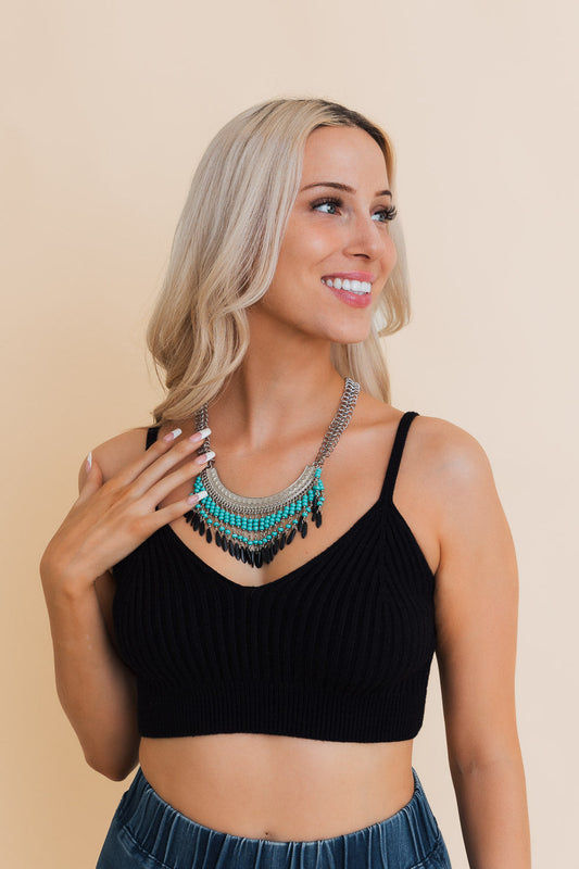 Leto Collection model wearing turquoise and black statement Boho Necklace, Boho Chic Jewelry, Spiritual