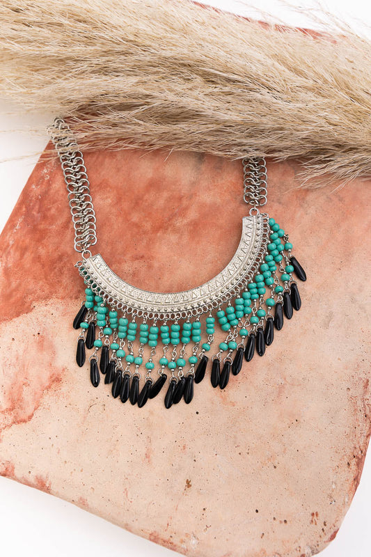 Leto Collection silver crescent bib necklace with turquoise beads and black teardrops Boho Necklace, Boho Chic Jewelry, Spiritual