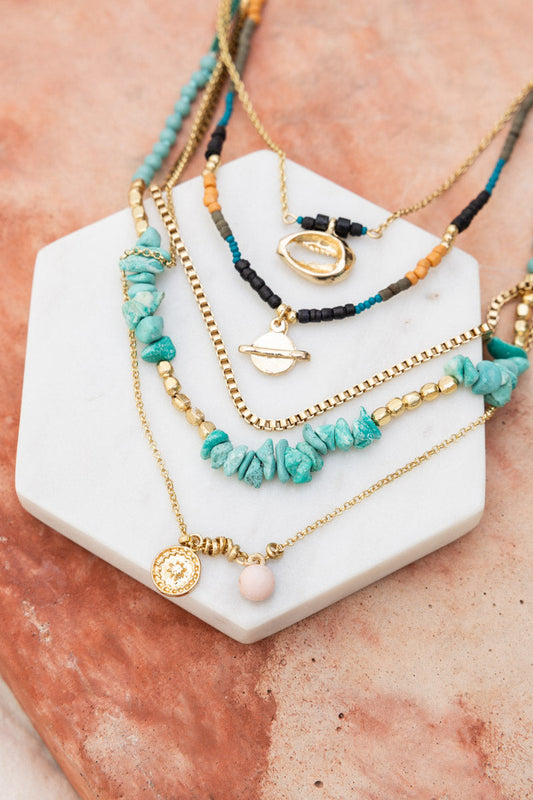 Leto Collection layered turquoise stone and gold pendant necklaces Boho Necklace, Boho Chic Jewelry, Spiritual