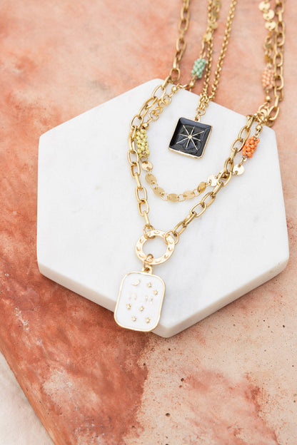 Leto Collection Boho Necklace layered design featuring gold chains and colorful accents for Boho Chic Jewelry lovers