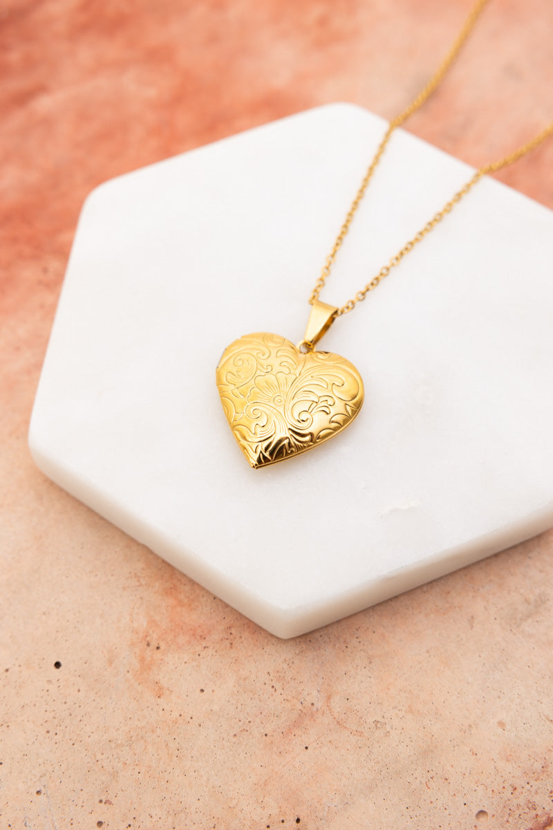 Boho Necklace, Boho Chic Jewelry, Spiritual gold heart locket pendant engraved with filigree on gold chain