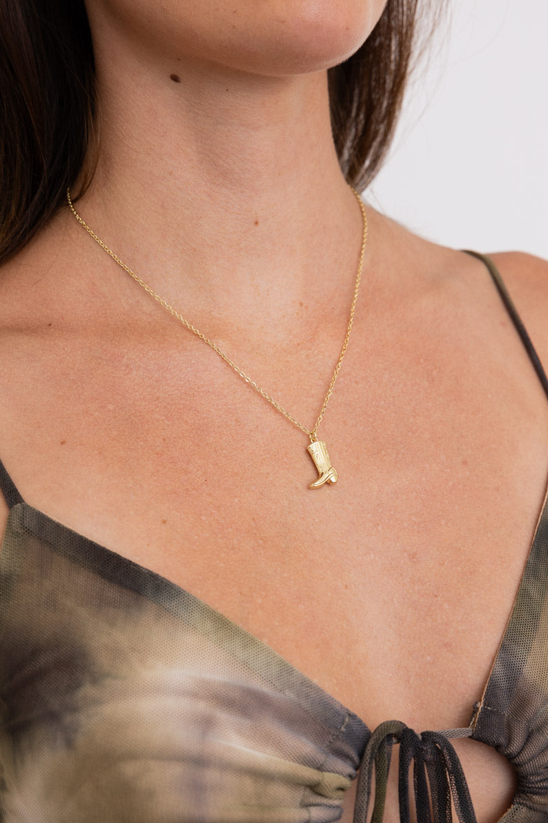 Leto Collection gold pendant necklace on model Boho Necklace, Boho Chic Jewelry, Spiritual delicate chain with boot charm