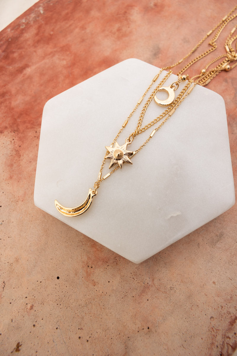 Leto Collection layered gold celestial necklace Boho Necklace, Boho Chic Jewelry, Spiritual pendant with moon and star charms