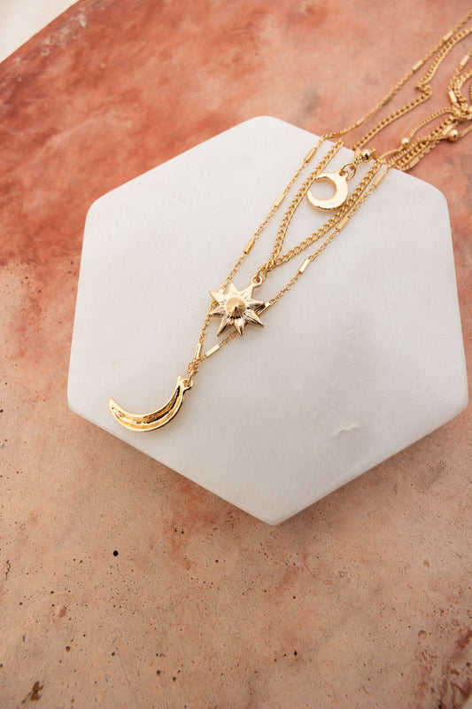 Leto Collection layered gold celestial necklace Boho Necklace, Boho Chic Jewelry, Spiritual pendant with moon and star charms