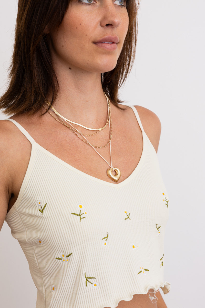 Model wearing layered gold heart pendant and chains on embroidered white crop top Boho Necklace, Boho Chic Jewelry, Spiritual