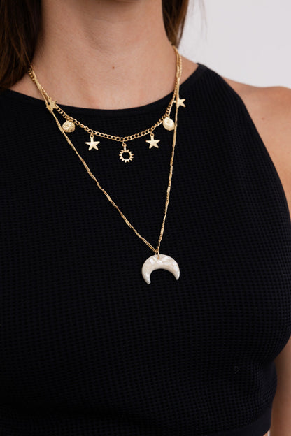 Leto Collection Boho Necklace featuring gold stars and a crescent moon, perfect for boho chic jewelry lovers