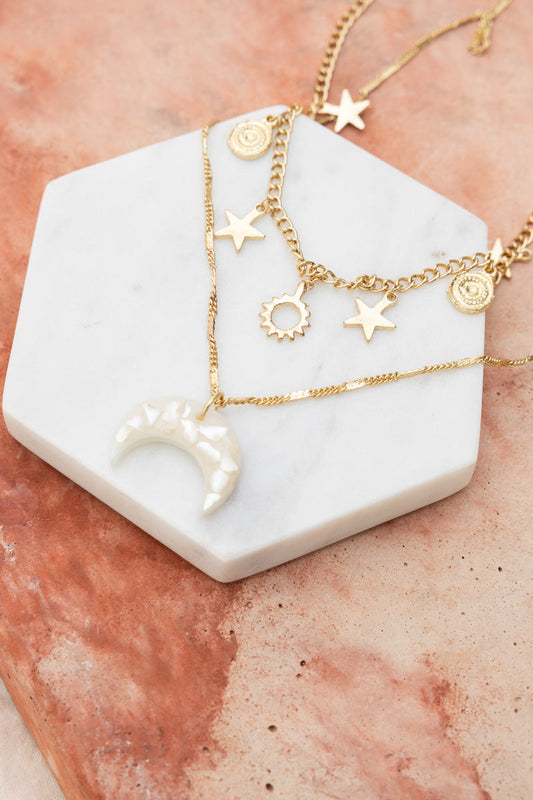 Leto Collection layered gold necklaces with pearl crescent and star charms Boho Necklace, Boho Chic Jewelry, Spiritual