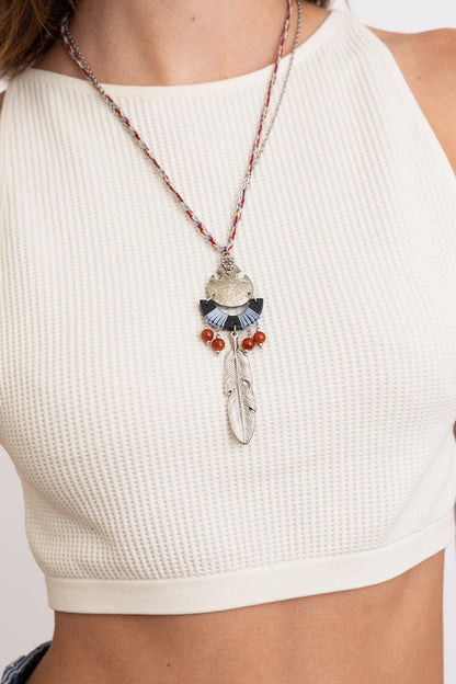 Leto Collection Boho Necklace with Feather Pendant and Colorful Beads for Boho Chic Jewelry lovers