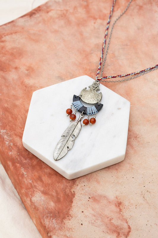 Leto Collection Boho Necklace, Boho Chic Jewelry, Spiritual silver feather pendant with carnelian beads on braided cord