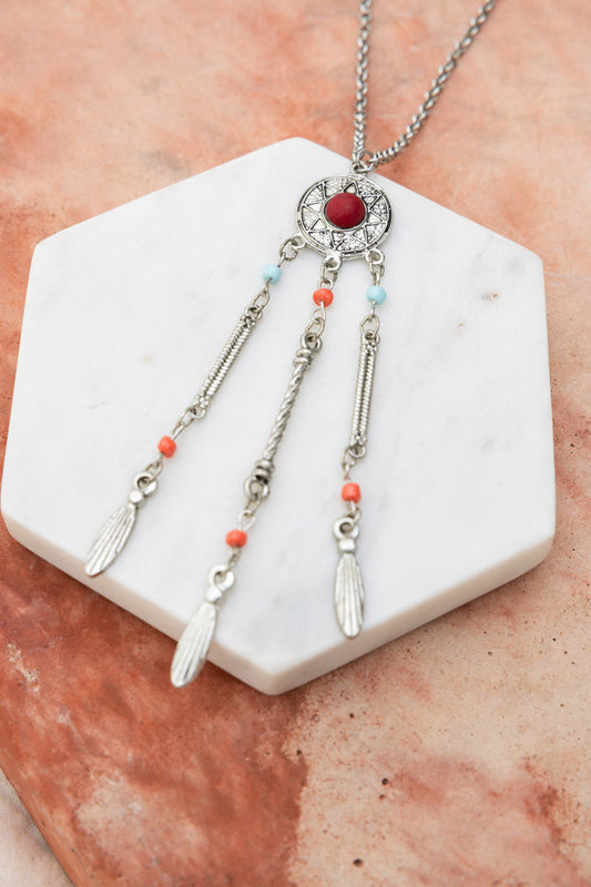 Leto Collection silver dreamcatcher pendant with red stone and beaded feather charms Boho Necklace, Boho Chic Jewelry, Spiritual