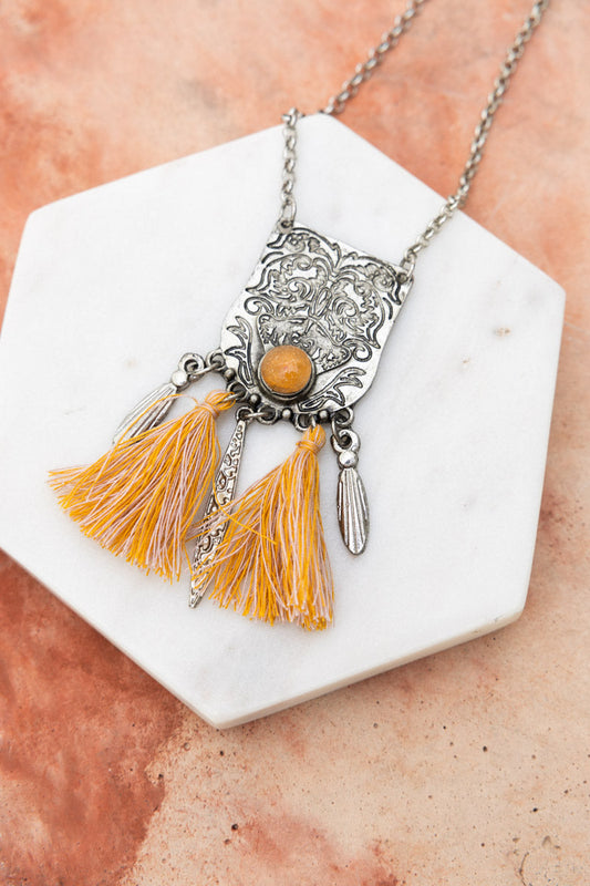 Leto Collection silver pendant necklace with amber stone and yellow tassels on chain Boho Necklace, Boho Chic Jewelry, Spiritual