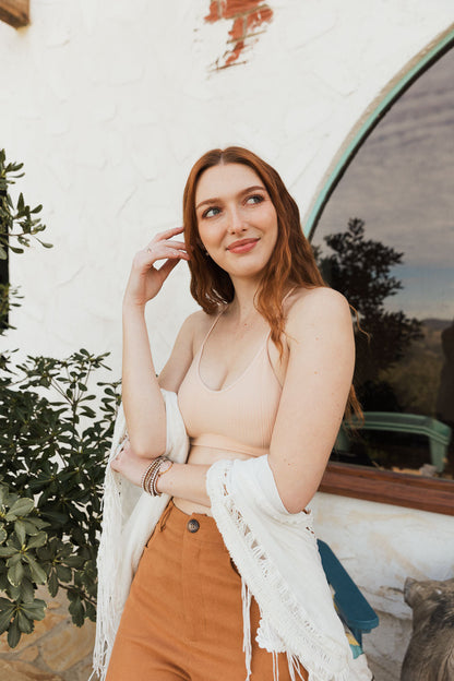 Leto Collection embroidered mesh bralette in nude, perfect for layering under outfits