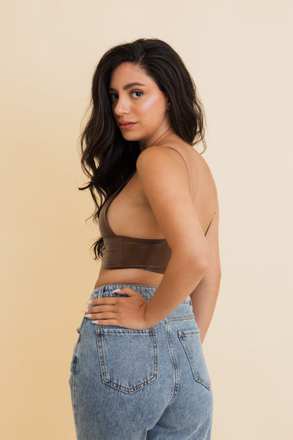 Leto Collection vegan leather bralette in brown with a stylish low back design
