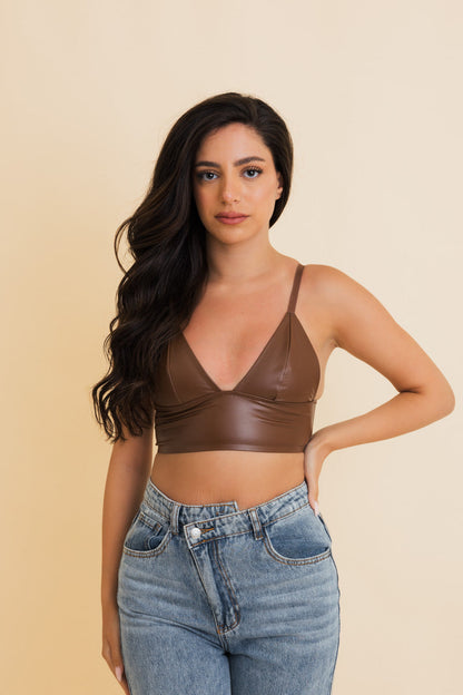 Brown vegan leather bralette from Leto Collection with a flattering V-neck design and adjustable straps