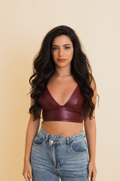 Leto Collection Vegan Leather Bralette in Burgundy with a V-neckline and stylish design