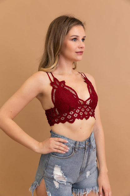 Burgundy boho crochet lace bralette featuring a stylish lace design and adjustable straps