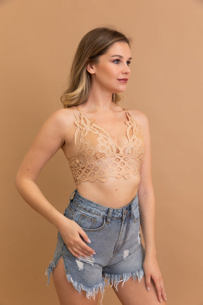 Leto Collection Boho Crochet Lace Bralette in Beige with Floral Design and Adjustable Straps