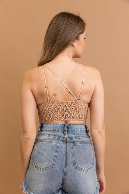 Leto Collection boho crochet lace bralette with stylish crisscross back and adjustable straps