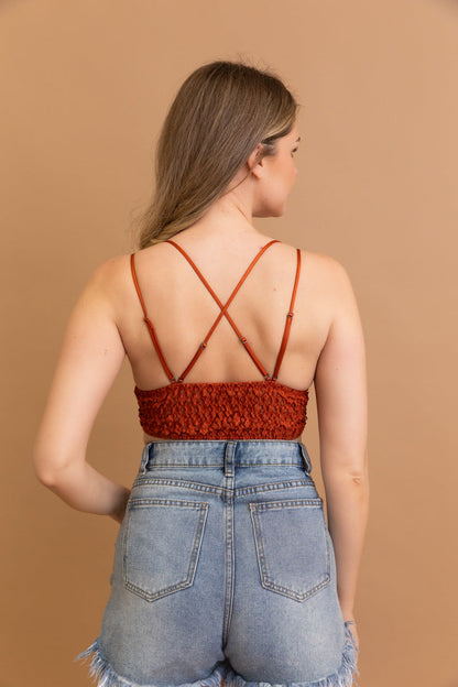 Leto Collection boho crochet lace bralette in rust color with crisscross back design
