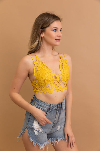 Leto Collection Boho Crochet Lace Bralette in Yellow with Stylish Crochet Design