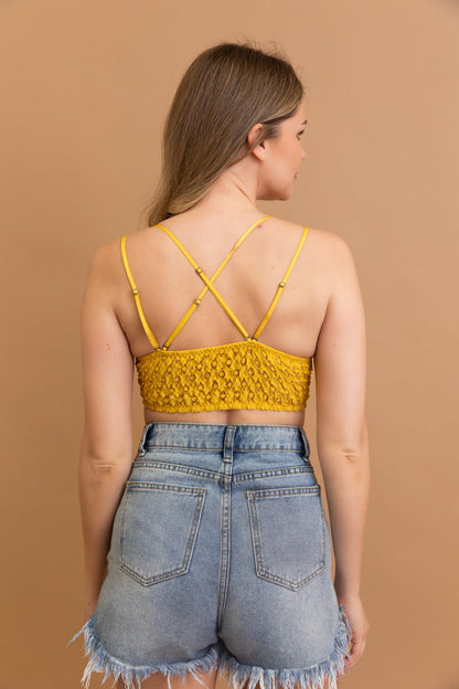 Leto Collection Boho Crochet Lace Bralette in Yellow with Crisscross Back Design