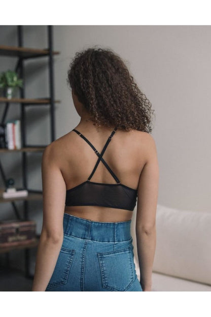 Back view of a black boho flower embroidery high neck bralette with crisscross straps