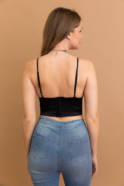 Back view of Leto Collection satin bralette for women with adjustable straps and a sleek design