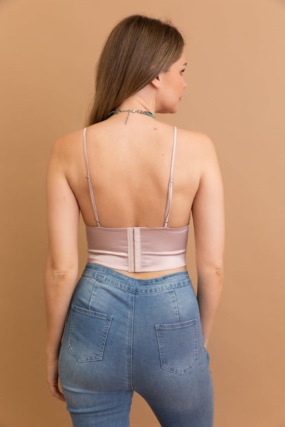 Back view of Leto Collection satin bralette for women with adjustable straps and hook closure