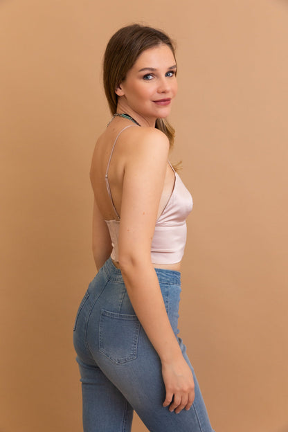 Leto Collection satin bralette for women in soft pink color, featuring delicate straps and a flattering fit