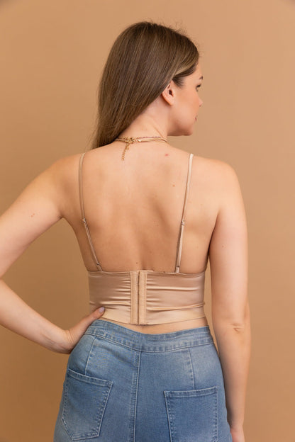 Back view of a Leto Collection satin bralette for women in nude, featuring adjustable straps and back closure